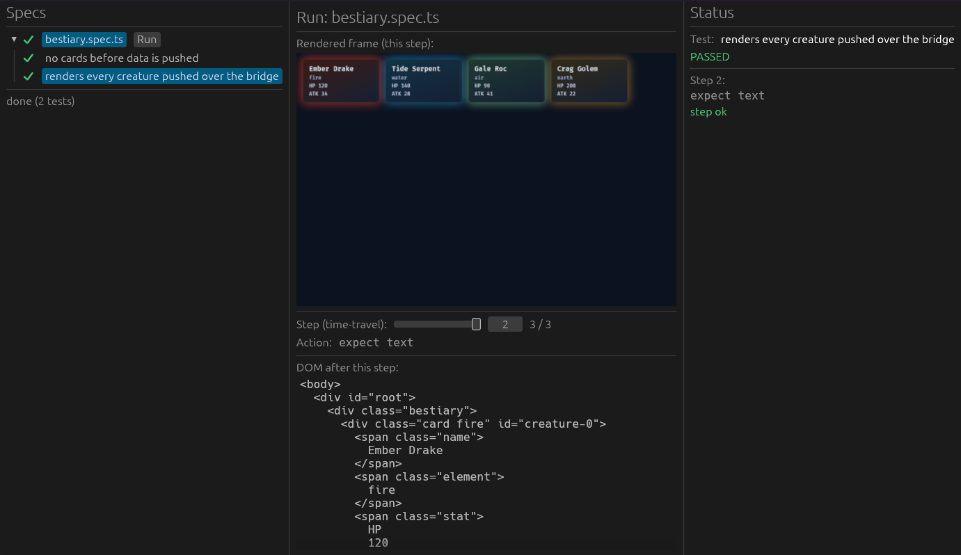 The UI-mode runner: a spec tree on the left with nested tests, and the rendered frame with a time-travel slider in the center.
